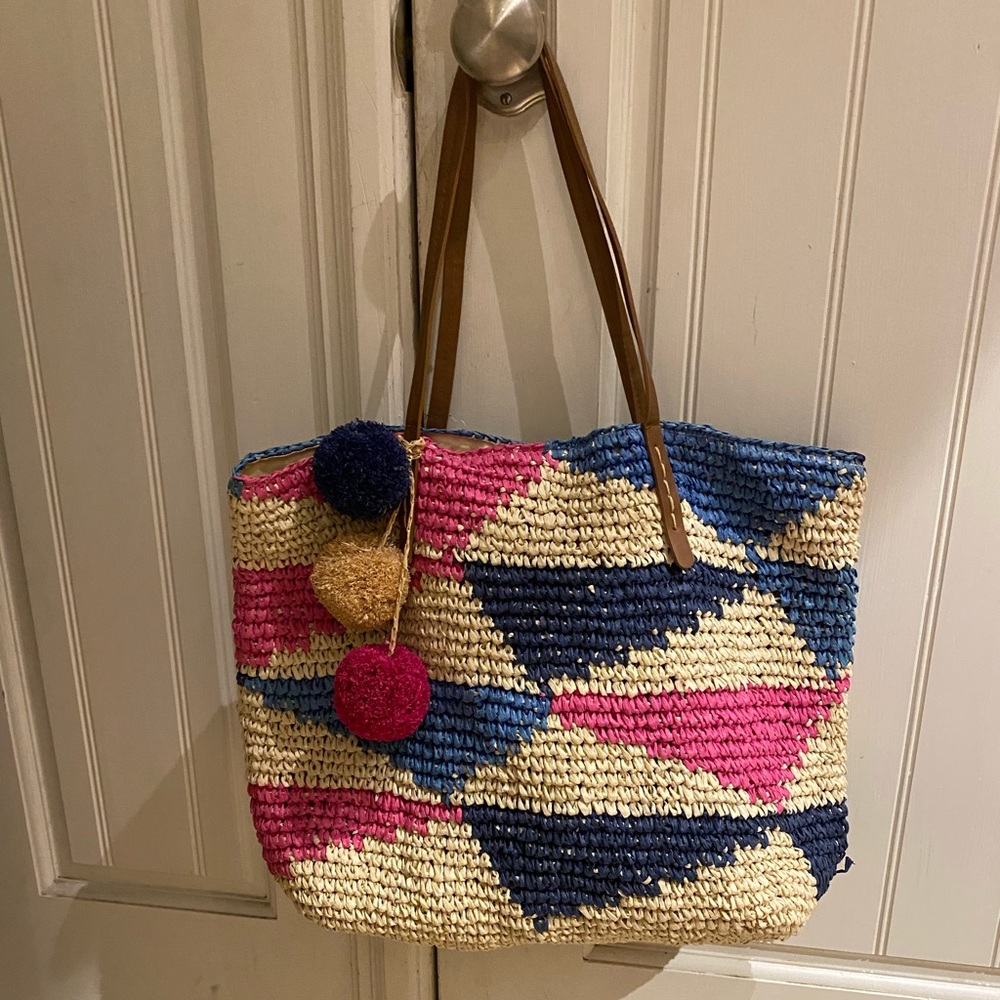 Preppy Straw Tote Handbag Blue:Pink/Natural